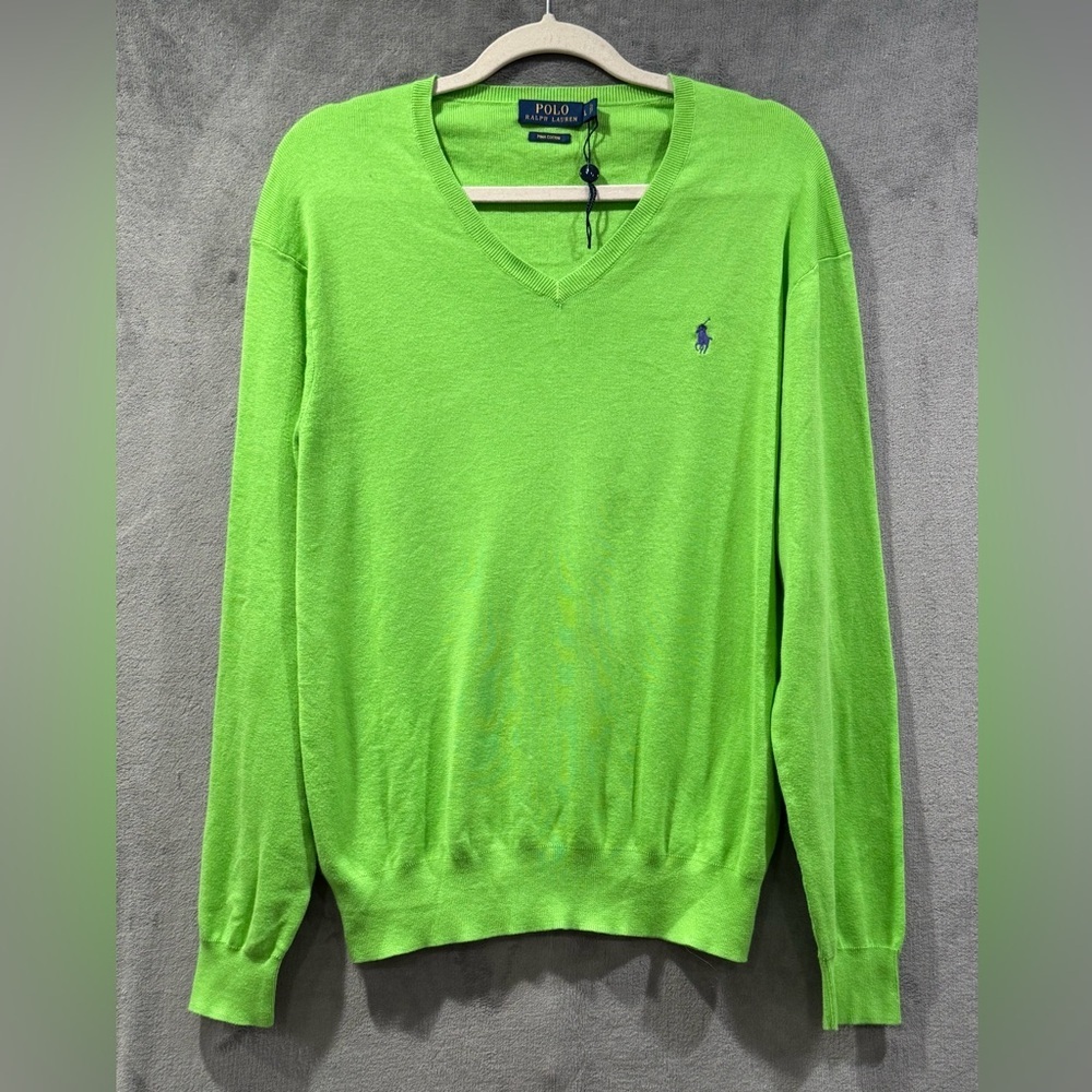 Polo Ralph Lauren Mens Large V-Neck Green Sweater  Pony 100% Pima Cotton NWOT
